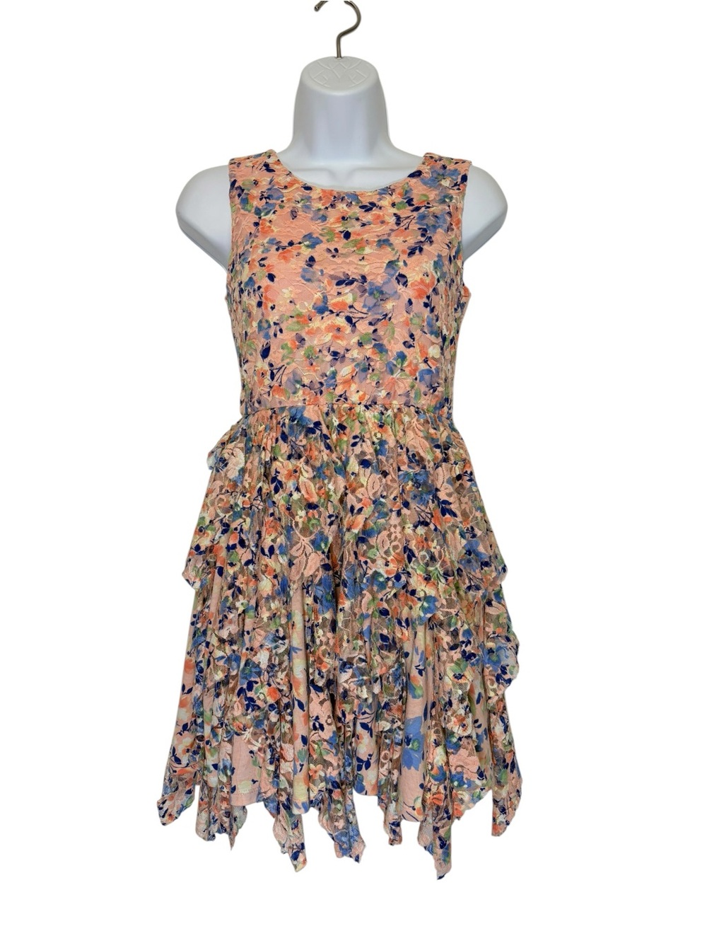 Lily Rose Peach Floral Lace Tiered Handkerchief Party Dress Girls Sz14